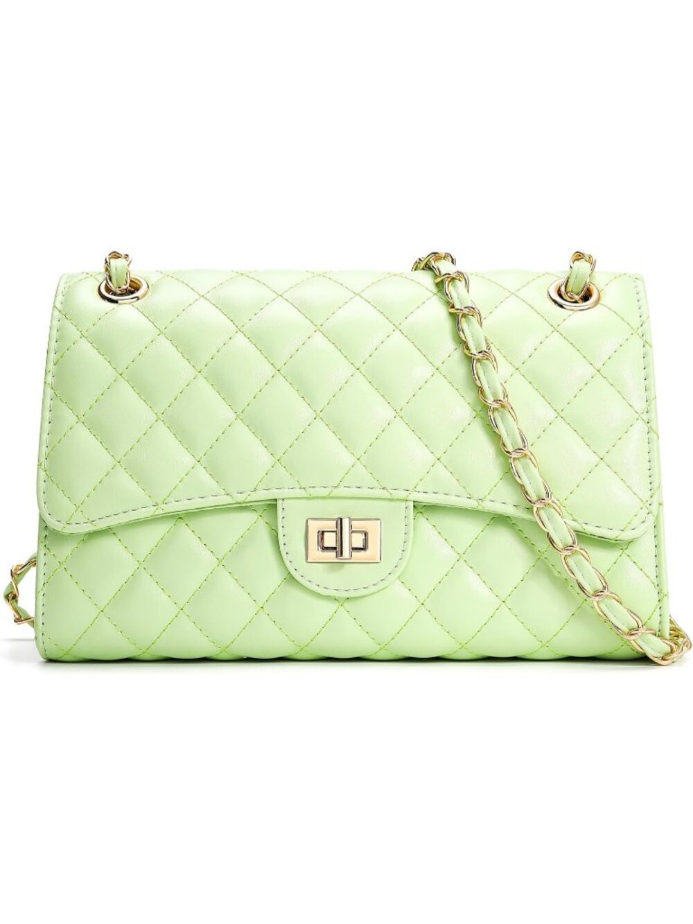 Women's Light Green Quilted Pu Leather Chain Strap Crossbody Shoulder Bag